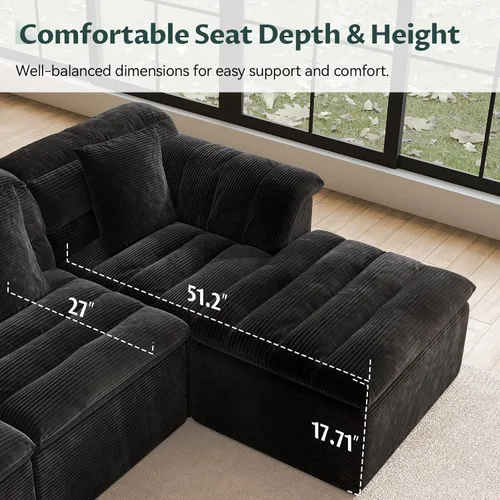 Vista 4 de Sofá modular de 111.8 pulgadas con otomana, sofá de nube sin hueso con asiento profundo, cómodos sofás de pana en forma de U para sala de estar,