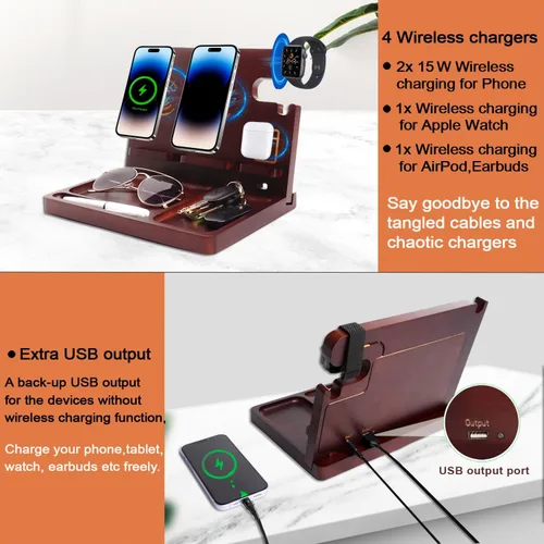 Vista 7 de Base de carga para teléfono de madera Xunhomon, estación de carga inalámbrica de 27W de carga rápida para 2 teléfonos para iOS/Android/iWatch/Air