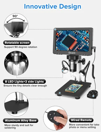 Vista 5 de Microscopio Digital Dcorn de 7'' 1200X, Microscopio de 12MP 1080P Foto/Video para Adultos, Soldadura de Monedas, Soporte de Metal, Control Remoto