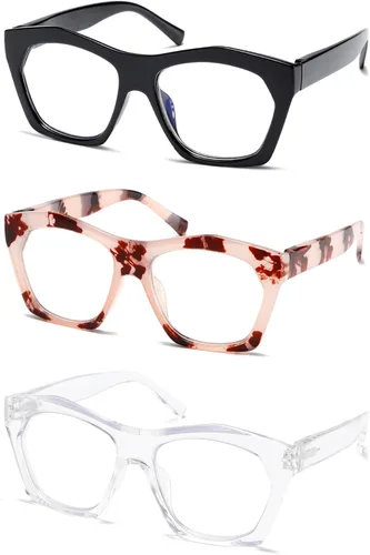 Vista 2 de Viseng Paquete de 3 anteojos de lectura para mujer, diseño de marco, de gran tamaño, bloqueo de luz azul, lector de computadora +0.0 B/3 pares