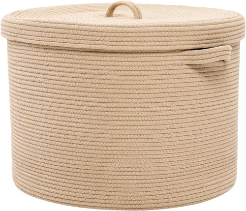 Vista 35 de Cesta de almacenamiento extra grande de 16" x 16" x 18" con tapa, cestas de almacenamiento de cuerda de algodón, canasta de lavandería, contenedor