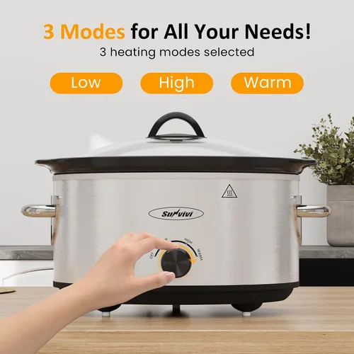 Vista 4 de Olla de cocción lenta de 4QT y calentador de alimentos mini con olla de cerámica extraíble, 3 ajustes de calor, tapa de vidrio apta para Plateado