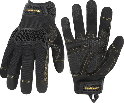 Vista 14 de HANDLANDY Guantes de trabajo para hombre, pantalla táctil, guantes de mecánico, ajuste flexible y transpirable, nudillos y palma acolchados
