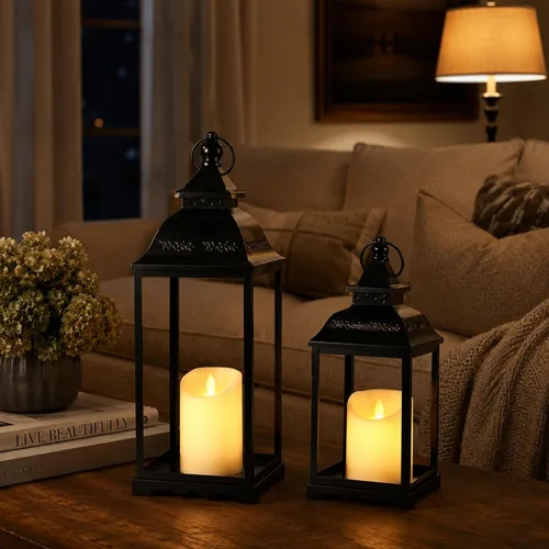 Vista 7 de Decorative Candle Lanterns Set of 2, Black Metal for Indoor & Outdoor Negro