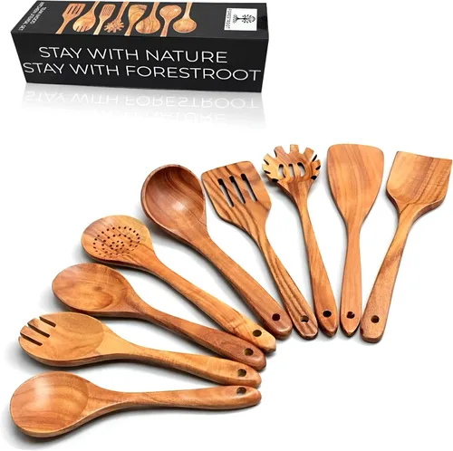 Vista 10 de Juego de utensilios de madera de 6 piezas – Cucharas y espátulas de madera de teca premium, antiadherentes, resistentes al calor, duraderas