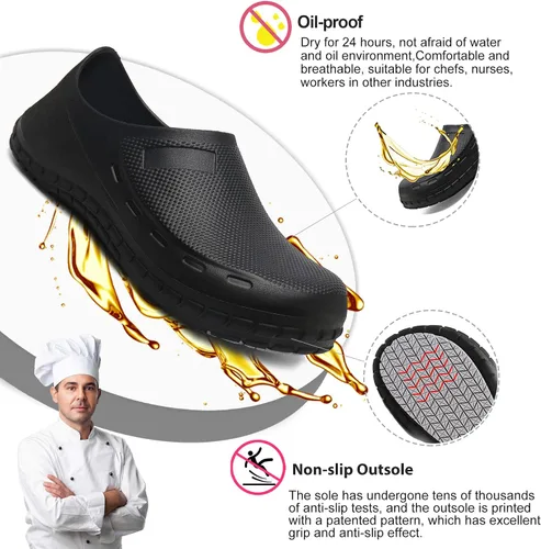 Vista 5 de Zapatos de chef Zapatos de cocina para hombre, zapatos de cocina antideslizantes, a prueba de agua, zuecos de trabajo para hombre, cómodos zapatos