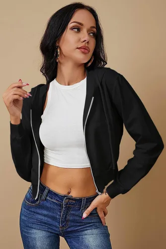 Vista 2 de Chaqueta corta con capucha y cremallera para mujer, manga larga, cordón Y2K, con bolsillos