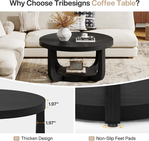 Vista 5 de Tribesigns - Mesa de café redonda, mesa de café circular de 2 niveles con almacenamiento, mesa auxiliar moderna de acento de madera para sala