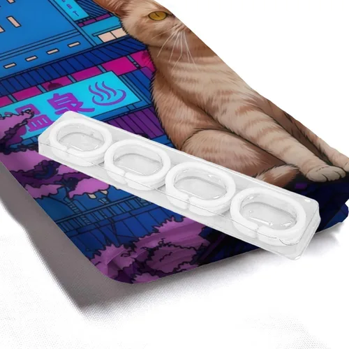 Vista 6 de Cortina de ducha de gato japonés neón de ciudad, impermeable, decoración Cyberpunk de poliéster para niños y adultos, se adapta a bañera, ducha