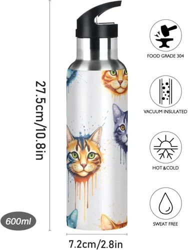 Vista 9 de Insulated Stainless Steel Water Bottle with Straw 32 Oz, BPA-Free Sport Water Bottle for Gym Outdoor Travel School, Colorful Cats Tie Dye