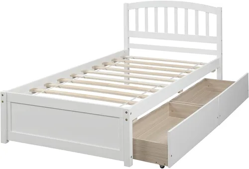 Vista 5 de Harper & Bright Designs Marco de cama de almacenamiento individual, cama de plataforma de madera con dos cajones y cabecero, color blanco