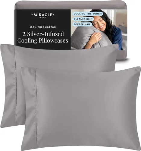 Vista 4 de Miracle Made Juego de fundas de almohada de algodón suave y transpirable, 2 piezas, con tratamiento plateado, fundas frescas al tacto para una
