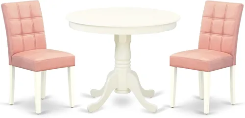 Vista 23 de East West Furniture ANAS3-AWA-08 Juego de mesa de comedor de cocina de 3 piezas contiene una mesa moderna y 2 sillas de comedor tapizadas de tela