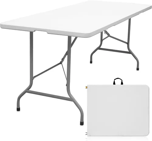 Vista 11 de Byliable Mesa plegable de 4 pies, mesa plegable de plástico portátil resistente de 4 pies con asa de transporte para interiores y exteriores