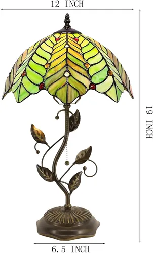 Vista 2 de Tiffany Table Lamp Stained Glass Bedside Reading Light W12H19 inch Brown Green Leaf Style Stained Glass Desk Light Pull Chain Switch Metal Leaf