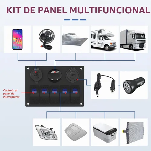 Vista 5 de RVMARINEPAT - Panel de interruptores marinos impermeable de 12 voltios, 5 mandos, interruptor basculante azul con luz, con doble toma USB de 4,8 A