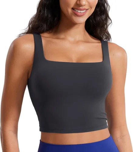 Vista 11 de CRZ YOGA Butterluxe Square Neck Crop Tank Top Brasier integrado, soporte ligero, almohadillas extraíbles, yoga, extremadamente suave, tirantes