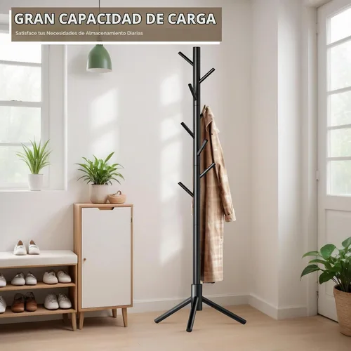 Vista 2 de Hupmad Perchero de árbol de madera, perchero resistente independiente con 8 ganchos, 3 alturas ajustables para niños y adultos, perchero de madera