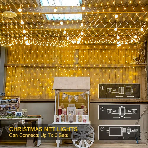 Vista 4 de JMEXSUSS Red de luces de malla para exteriores, 200 luces LED de 9.8 pies x 6.6 pies, luz de red de Navidad al aire libre, impermeable, luz