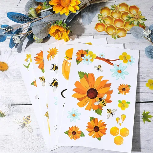 Vista 5 de Zonon 90 calcomanías de ventana de abeja de verano, calcomanías para ventana, calcomanías de girasol, calcomanías de panal, decoración de panal