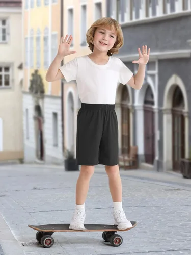 Vista 4 de Resinta Paquete de 4 pantalones cortos para niños pequeños, cintura elástica, pantalones cortos atléticos de baloncesto, fútbol, verano, sin