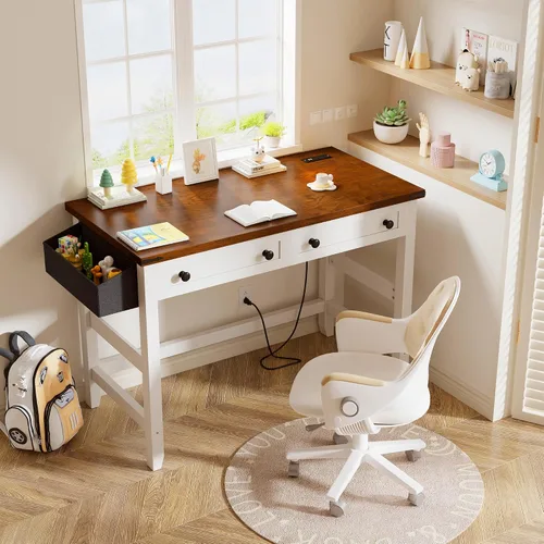 Vista 2 de EnHomee - Escritorio pequeño para computadora con tomas de corriente, escritorio blanco con 2 cajones, pequeña mesa de estudio y escritura