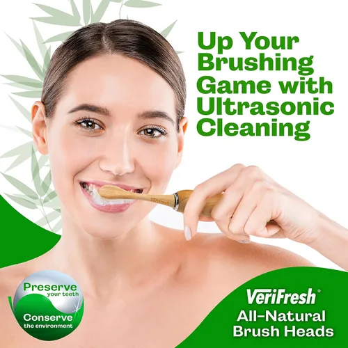 Vista 6 de Cepillo de dientes de bambú sónico VeriFresh, incluye 2 cabezales de cepillo Cabezales de bambú biodegradables, cerdas de aceite de ricino