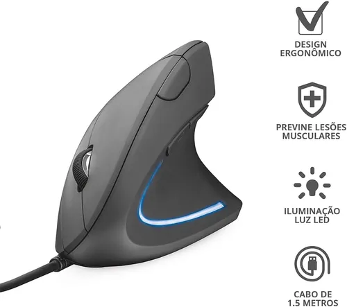 Vista 6 de Trust Verto - Ratón ergonómico con cable, vertical con iluminación LED, 1000-1600 DPI, 6 botones, para usuarios diestros, mouse de computadora