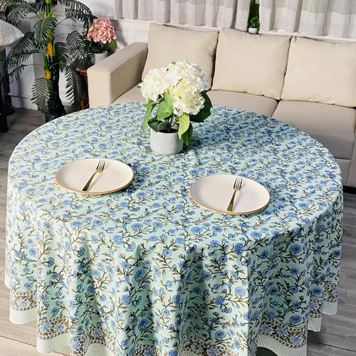 Vista 22 de Ridhi Mantel redondo estampado a mano color rosa flamenco 110 pulgadas 100%
