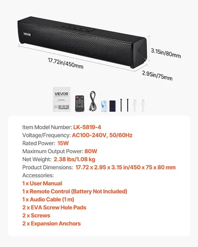 Vista 7 de VEVOR Barra de sonido para Smart TV, canal 2.0, barra de sonido compacta de 17 pulgadas para proyector, conexión AUX Bluetooth, control remoto