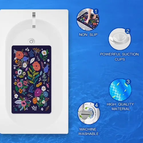 Vista 3 de Tapete de baño floral bohemio morado antideslizante con flores abstractas para ducha, tapete de baño botánico para bañera con ventosas y agujeros