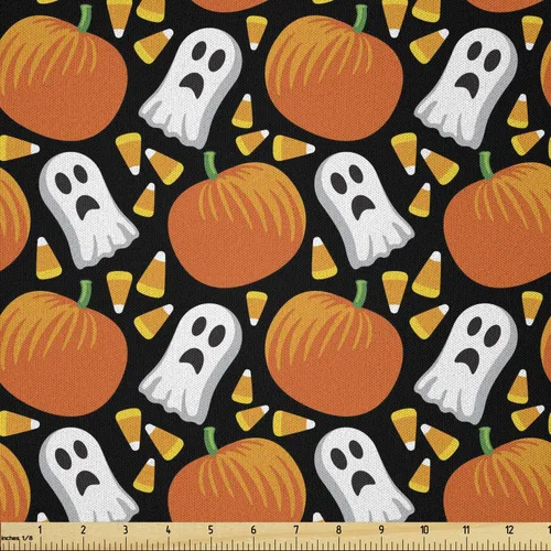 Vista 48 de Ambesonne The Yard, tela de calavera colorida con temática de Halloween, diseño de calavera y huesos cruzados, divertido estampado de dibujos