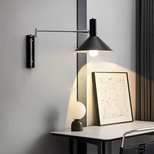 Vista 2 de Aplique de pared Bauhaus con brazo articulado, Aplique industrial cromado, luz de lectura ajustable para mesilla de noche, lámpara de metal moderno