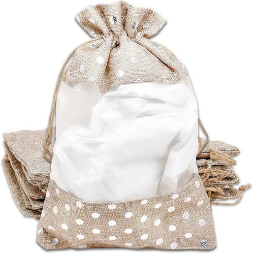 Vista 12 de TheDisplayGuys para tu vida moderna - Paquete de 12 bolsas de regalo pequeñas de arpillera de lino y organza con cordones (8.9x14 cm, gris)