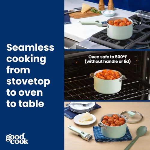 Vista 6 de GoodCook Sartén de cerámica con mango y tapa extraíbles, compatible con inducción, antiadherente y apta para horno, 3 cuartos de galón, verde salvia