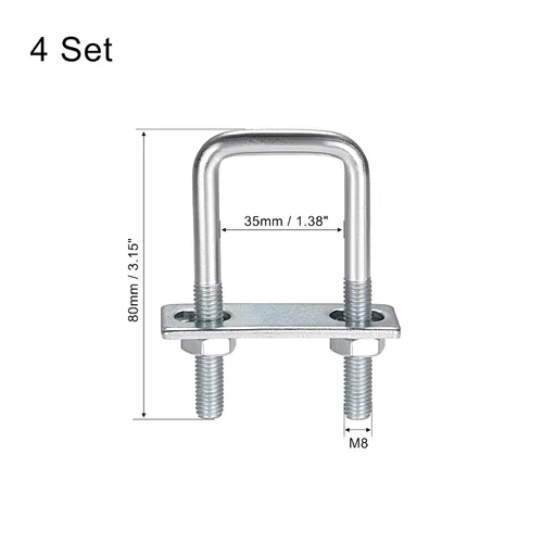 Vista 33 de uxcell Pernos cuadrados en U de 1 "(25 mm) de ancho interior de acero al carbono M8 con tuercas, placa de marco, arandelas redondas, juego de 4