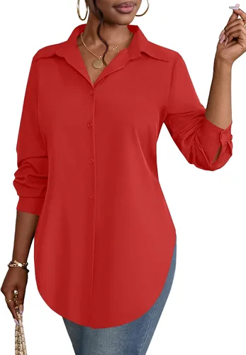 Vista 11 de Rooscier Blusa larga con cuello en V para mujer, manga larga, abertura lateral, con botones