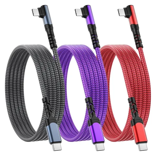 Vista 12 de Cable corto USB C a USB C de 60 W (1 pie, paquete de 3), cable USB-C trenzado de nailon de carga rápida en ángulo recto, cable de carga C de 90 Rojo