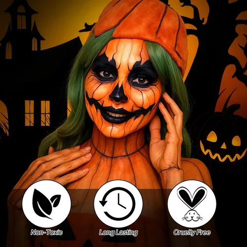 Vista 2 de Pintura corporal negra, naranja y amarilla, kit de maquillaje de espantapájaros de Halloween (3 esponjas + 5 pinceles), 9 piezas de pintura facial