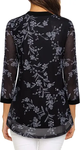 Vista 3 de Timeson - Blusas de manga de 3/4 para mujer, estilo casual, con cuello en V, camisas largas de vestir de doble capa, de malla Negro