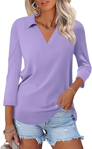 Vista 33 de TICTICMISS - Camisas polo de cuello en V para mujer, manga 3/4, con cuello, tops casuales de negocios, tops de verano a la moda, holgados