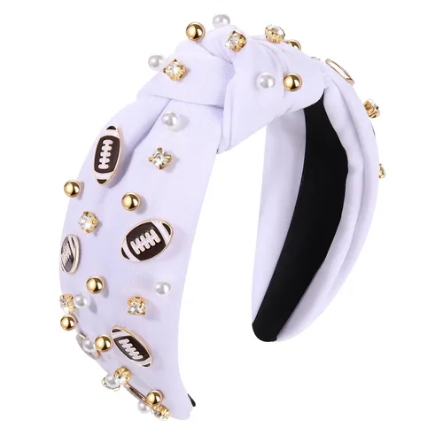 Vista 18 de Diadema de fútbol para mamá, accesorios de perlas con diamantes de imitación anudados, banda ancha para el pelo negra, diadema de nudo superior