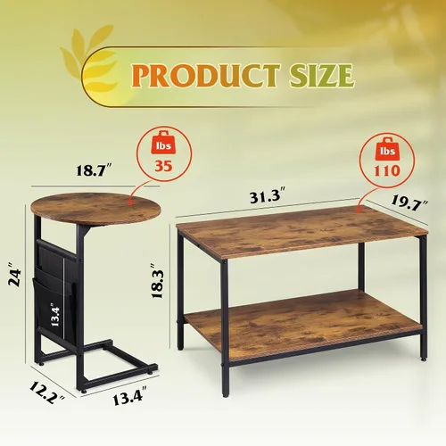 Vista 3 de WLIVE Mesa de Centro, Mesas de Centro Pequeñas de 31.3" y 18.7" para Sala de Estar, Juego de Mesa Central Moderna y Mesa Auxiliar con Bolsa Lateral