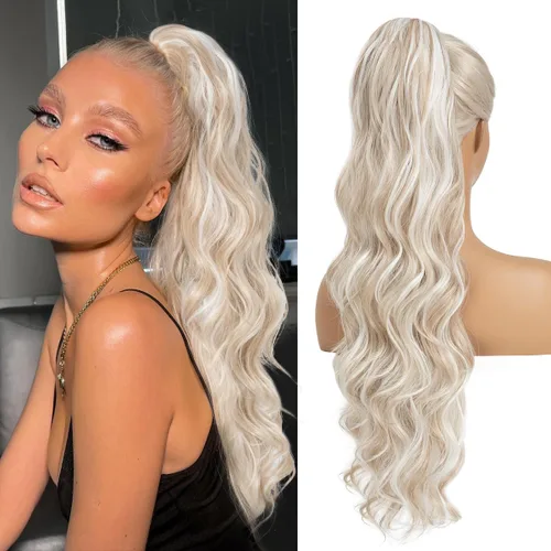Vista 11 de Extensiones de cabello sintético ondulado con cordón para cola de caballo de 26 pulgadas, para mujer, castaño medio ceniza, rubio ceniza