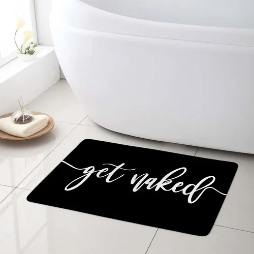 Vista 6 de Get Naked - Tapete de baño para baño, fuente blanca, con citas divertidas, color negro, tapete de baño de espuma viscoelástica suave, tapete