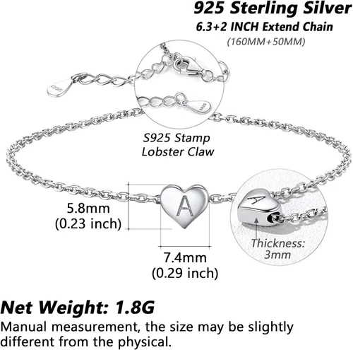 Vista 5 de Sterling Silver Initial Bracelets Heart A-Z Letter Bracelets 18K White Gold Plated Women Hand Link Charm Dainty Bracelet Jewelry Women Teen Couples