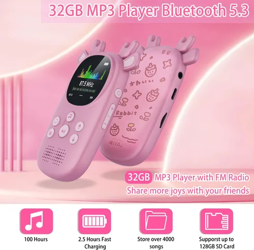 Vista 6 de Reproductores MP3 de 32 GB para niños, lindo reproductor de música portátil Bluetooth para niños con renos, reproductor MP3 para niños con Bluetooth