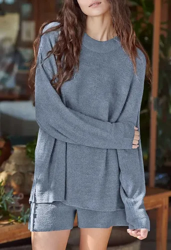 Vista 4 de Viottiset Conjunto de ropa de descanso de 2 piezas para mujer con pantalones cortos, suéter, conjunto de pijama, conjunto de 2 piezas para mujer