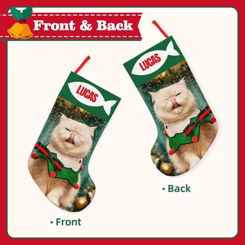 Vista 2 de Medias de Navidad personalizadas de 18 pulgadas, medias personalizadas de Navidad con nombre, imagen personalizada, gato, mascota, adorno