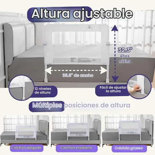 Vista 3 de ComfyBumpy Barandilla de cama ajustable premium para niños, guardia de seguridad que se balancea hacia abajo, altura ajustable de 62 cm–82 cm